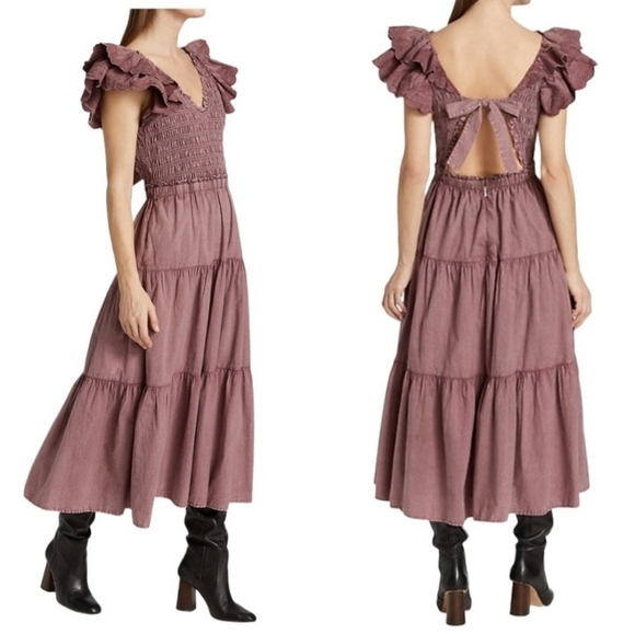 Sea New York Heidi Flutter Sleeve Tiered Dress Midi Open Back Rose Women's 10 - Picture 1 of 15